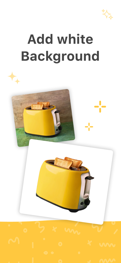 Background remover : remove.bg - Ein gelber Toaster, der vor und nach der Verwendung der App gezeigt wird, um einen unordentlichen Hintergrund durch einen sauberen weißen zu ersetzen