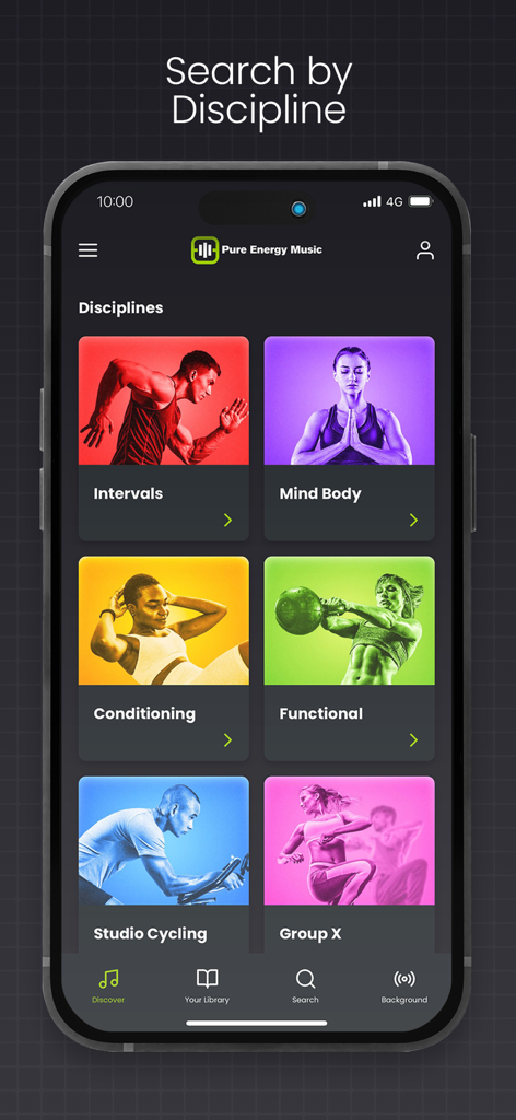 Pure Energy Music - Pure Energy Musicアプリの画面。インターバル、マインド＆ボディ、スタジオサイクリングなどのフィットネス分野のグリッドを表示