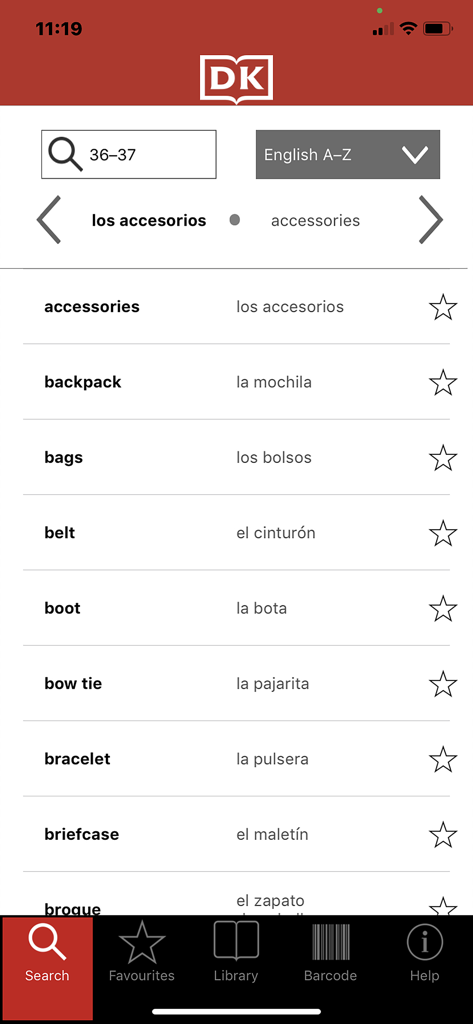 DK Visual Dictionary (2017) - Bilingual accessories vocabulary list in the DK Visual Dictionary app showing English and Spanish words