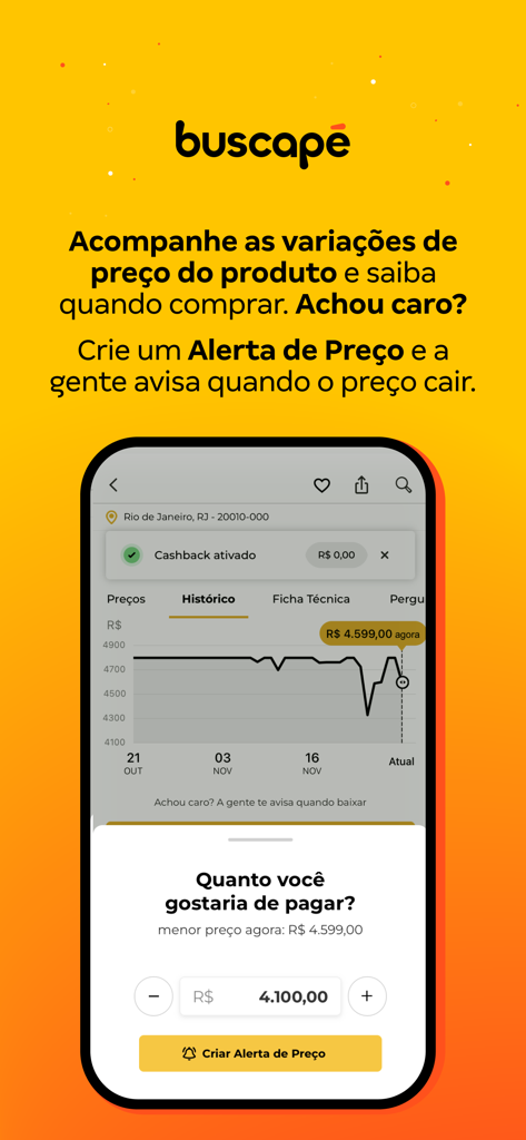 Buscapé: Comprar com Cashback - Buscape App-Oberfläche, die einen Preisverlaufsgraphen und einen Bildschirm zur Einrichtung von Preisbenachrichtigungen für Einkaufsrabatte zeigt