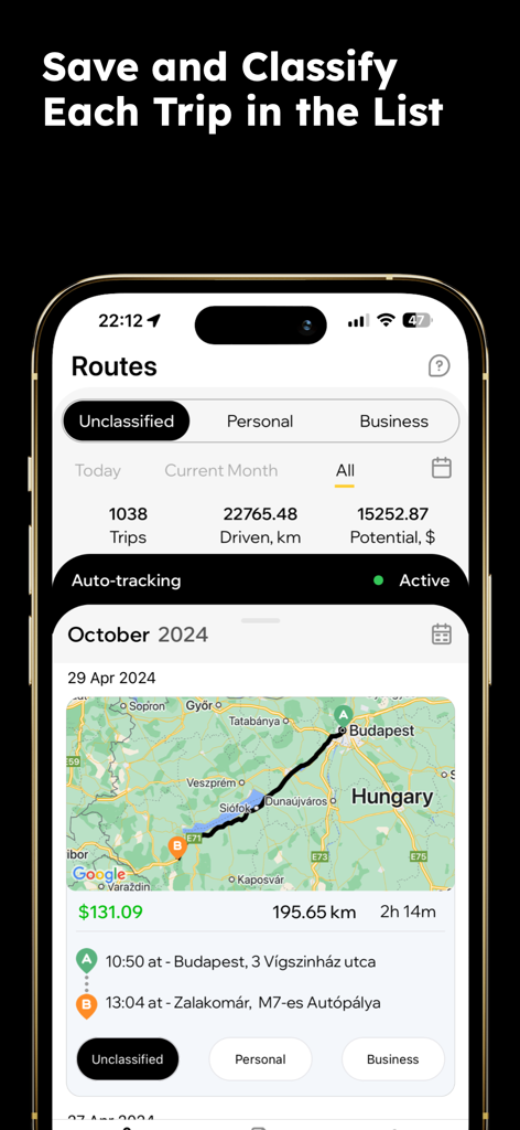 Écran de l'application Kilométrage de voiture montrant l'historique des trajets et les boutons de classification