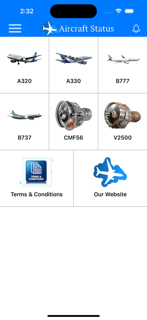 Pantalla de inicio de la aplicación Aircraft Status mostrando iconos para los modelos de aeronaves A320, A330, B777 y B737 y sus motores
