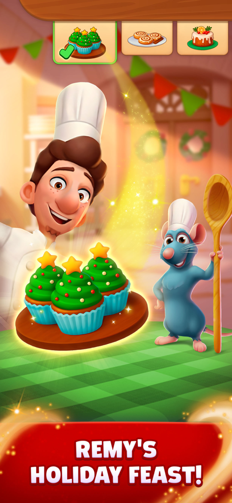 Linguini and Remy from Ratatouille presenting Christmas tree cupcakes for a holiday event in Disney Solitaire.
