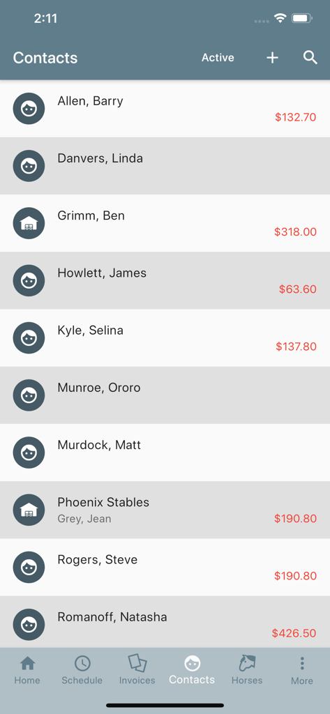 Best Farrier - Best Farrier app contacts screen showing a list of horse owners and their balances