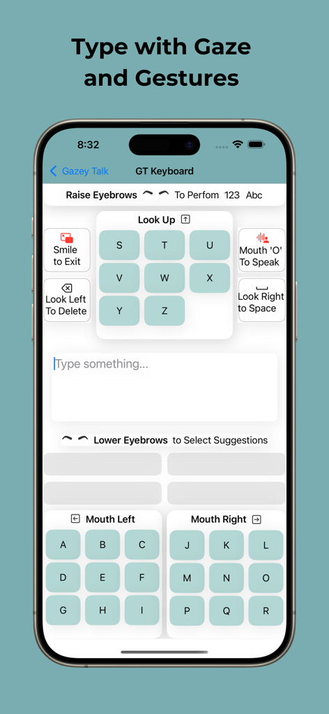 Eye Tracking Speech- GazeyTalk - Pantalla de la aplicación GazeyTalk que muestra una interfaz de teclado gestual controlada por la mirada y expresiones faciales como sonrisas y levantamientos de cejas