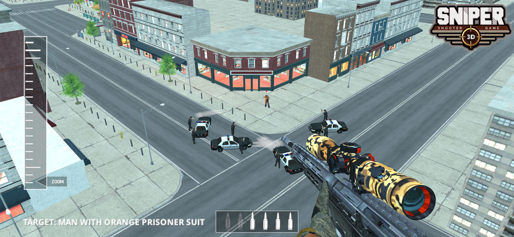 Vista de francotirador en primera persona apuntando a una intersección de la ciudad con coches de policía y un objetivo con un traje de prisionero naranja.
