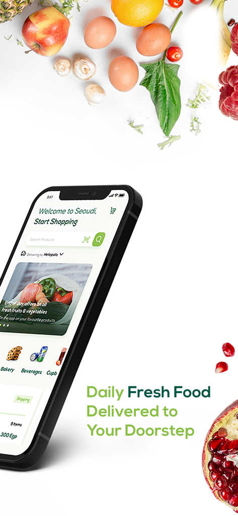 Seoudi Supermarket - Pantalla de inicio de la aplicación móvil Seoudi Supermarket que muestra servicios de entrega de alimentos frescos