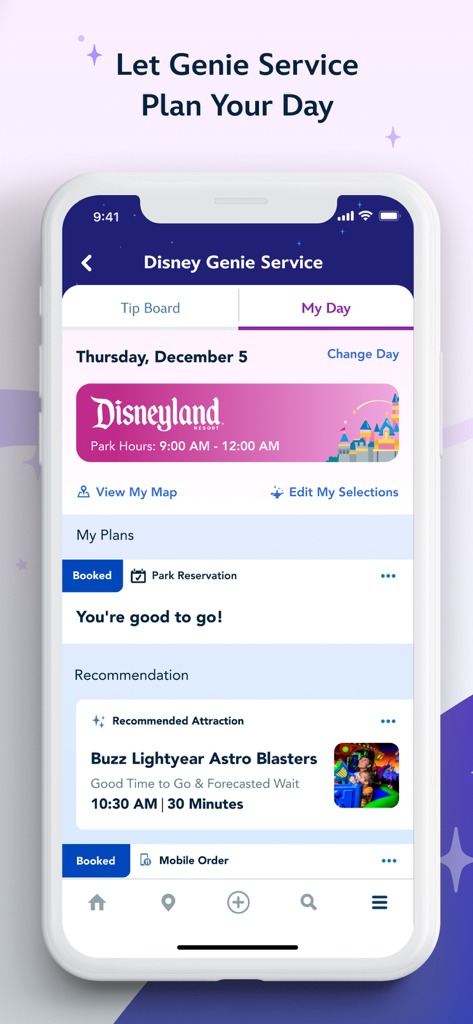 パークの営業時間とアトラクションの推奨事項を含む、ディズニー・ジーニー・サービスのパーソナライズされた旅程を表示するディズニーランド・アプリのインターフェース
