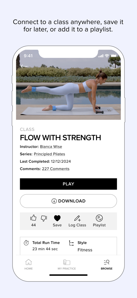 L'app ALO Wellness Club visualizza una pagina di dettagli della classe di forza e Pilates con un pulsante di riproduzione.