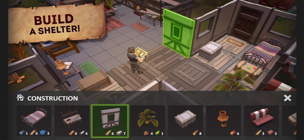 Last Survivor: Zombie Survival - Character building a base and placing walls using the construction menu in Last Survivor Zombie Survival