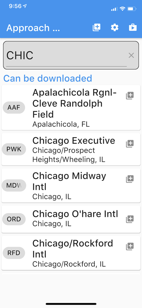 Approach Charts - 접근 차트 앱에서 시카고 공항 목록을 보여주는 공항 검색 결과 화면