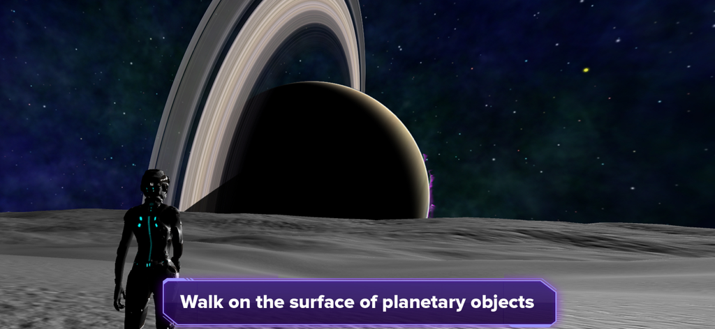 Galaxy Map - Stars and Planets - A character in a spacesuit walking on the surface of an exoplanet with a large ringed planet in the background