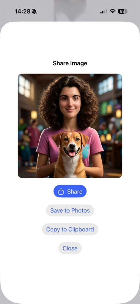 Image Play Studio - Interface of Image Play Studio app showing options to share or save an AI generated image of a woman and her dog