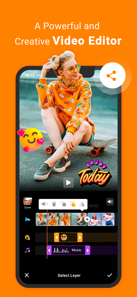 Video Editor & Maker -VidMaker - Interfaz de la aplicación de edición de video VidMaker mostrando una línea de tiempo de video con pistas de música y pegatinas de emojis