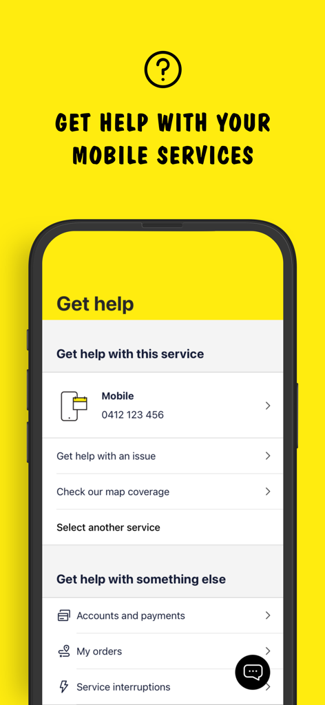 JB Hi-Fi Mobile - JB Hi-Fi Mobile app interface showing the help menu with options for service assistance, account payments, and network coverage.