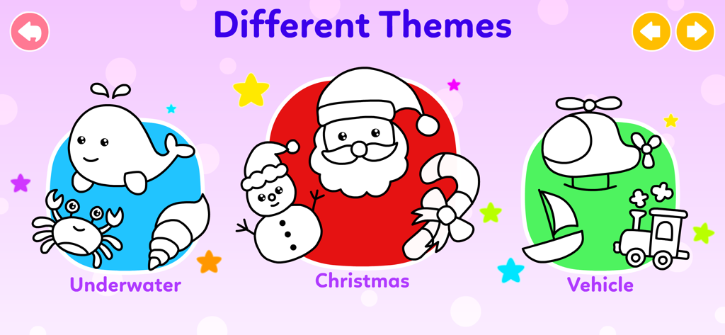 Interface of the Learn to Draw app showing different drawing themes like Underwater, Christmas, and Vehicle.
