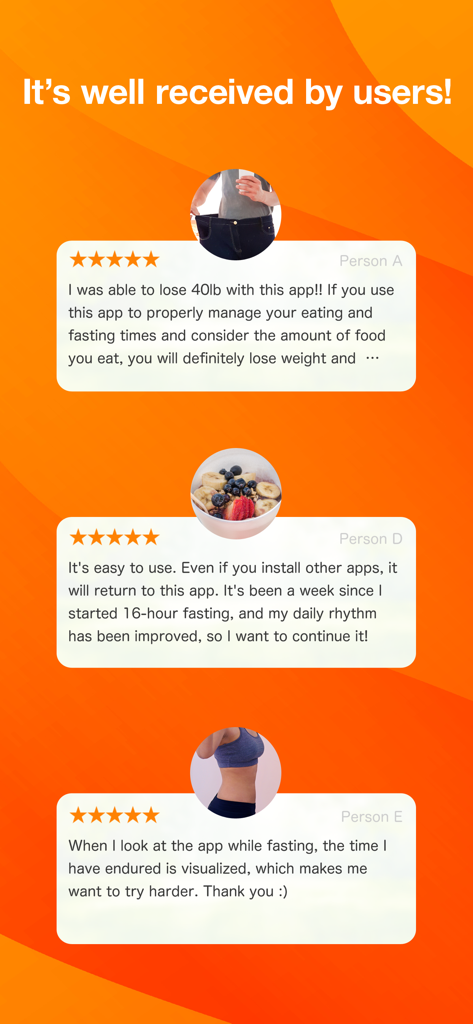 Fasting Timer: 16:8 Tracker - Positive five star user reviews and testimonials for the Fasting Timer 16 8 Tracker app showing weight loss success and improved habits