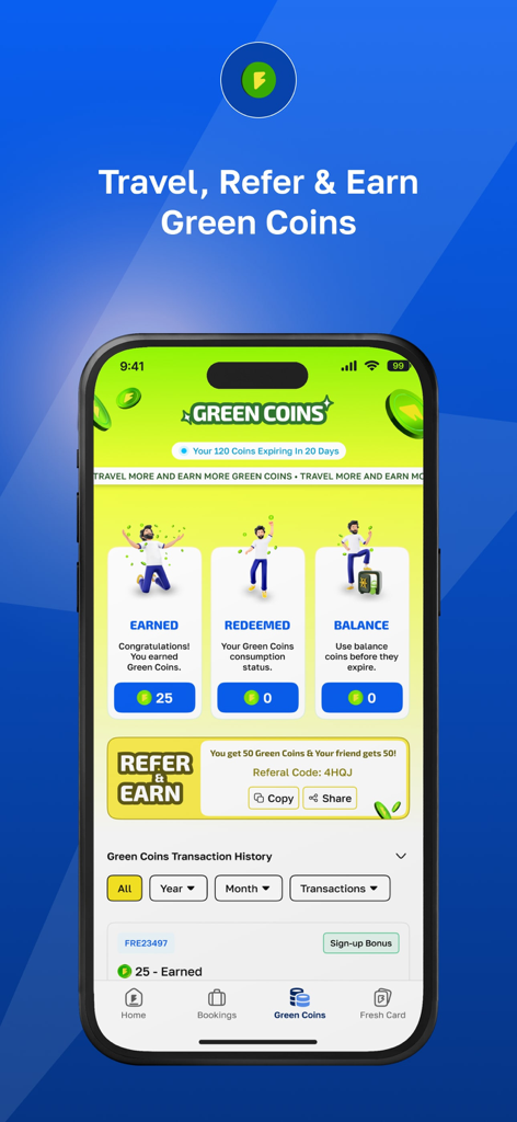 FRESH BUS - Fresh Bus app interface for earning and redeeming Green Coins rewards