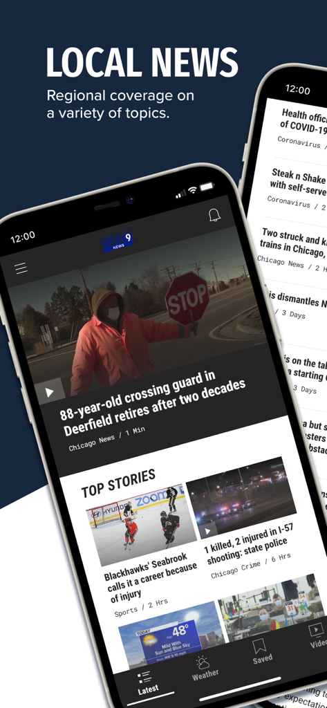 WGN News Chicago mobile app interface displaying local headlines and top stories