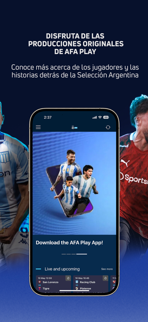 A smartphone screen displaying the AFA Play app featuring Argentinian soccer legends and live match information