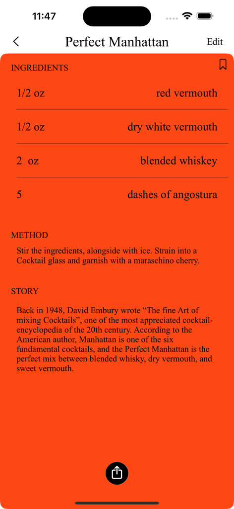 Recipe screen for a Perfect Manhattan cocktail in the Cocktail Manual app