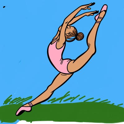 gymnast doing a leap in a leotard with a bent back leg