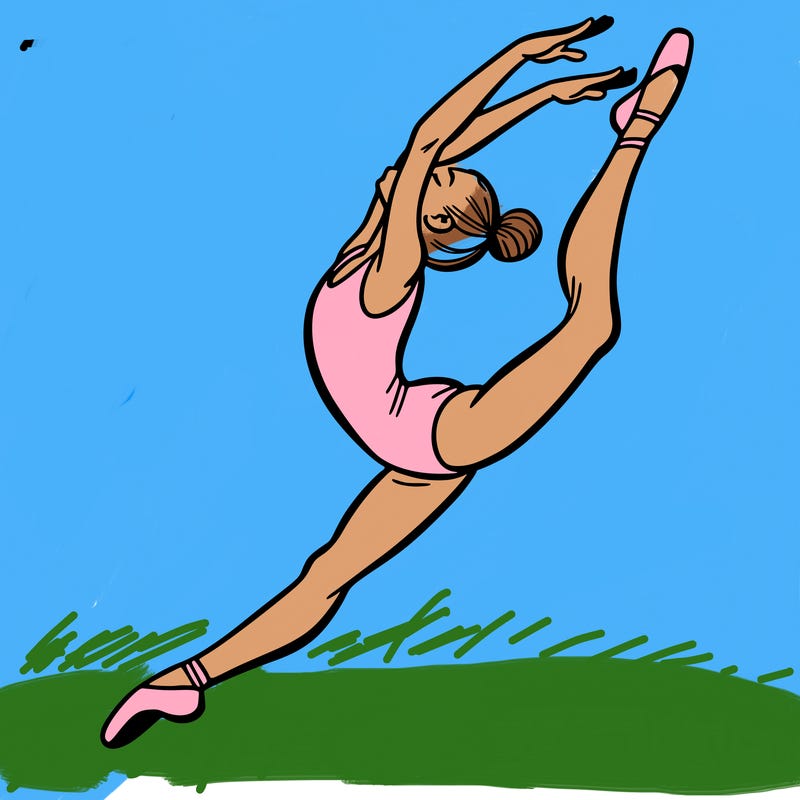 gymnast doing a leap in a leotard with a bent back leg