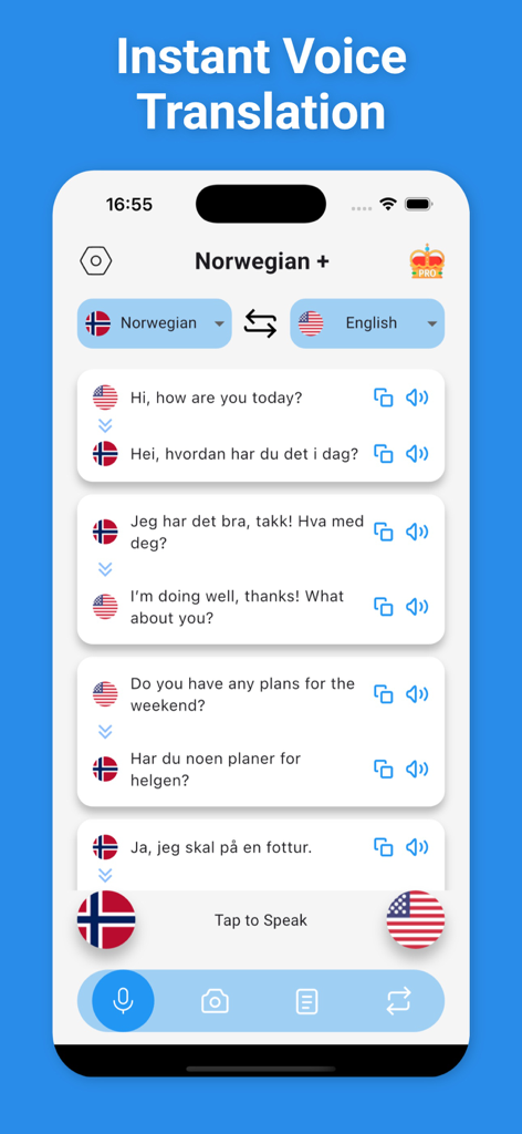 Norwegian Translator & More + - Una interfaz de aplicación móvil que muestra traducción instantánea de voz entre inglés y noruego con burbujas de diálogo e iconos de banderas