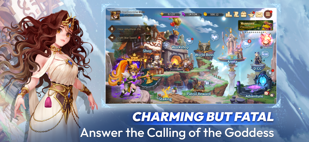 女神キャラクターとアリーナワークショップ、ワールドボスなどのゲーム内ロケーションが登場するNine Chronicles Mのゲームプレイ画面