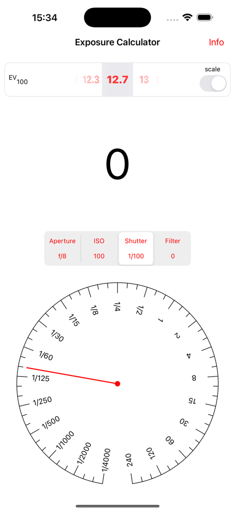 Exposure Equivalence - Belichtungsgleichwertigkeits-App-Oberfläche mit einem kreisförmigen Einstellrad für die Verschlusszeit und einer großen Null, die ausgeglichene Belichtungseinstellungen anzeigt.