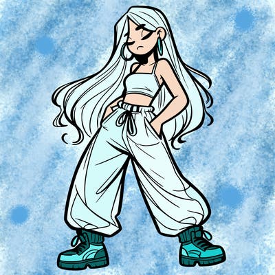 girl in baggy pants crop top and long hair