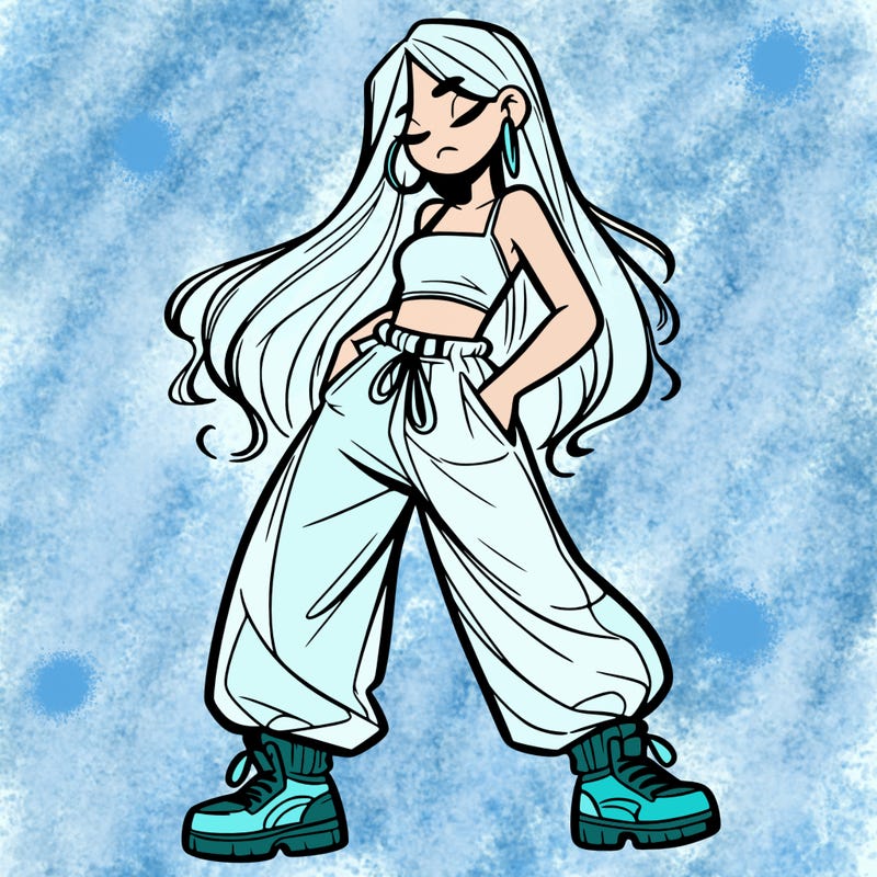 girl in baggy pants crop top and long hair