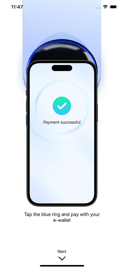 Bluetap app payment successful screen showing a green checkmark on a smartphone.