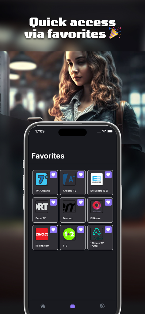 IPTV mega player - watchTV - IPTV mega player app interface showing a grid of favorite TV channels for quick access on an iPhone
