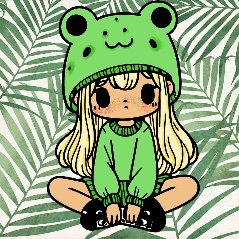 a girl wearing a frog hat and some frog socks