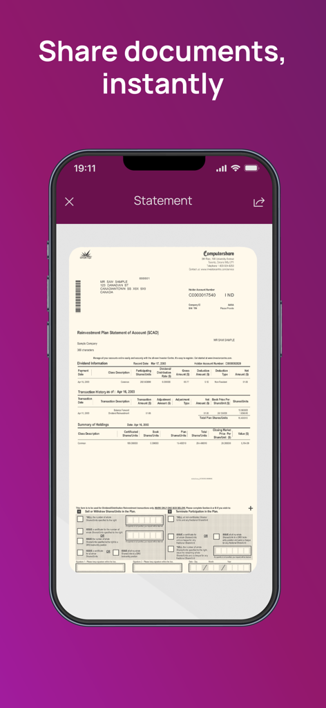 App Computershare Investor Center che mostra un estratto conto degli investimenti su uno schermo mobile