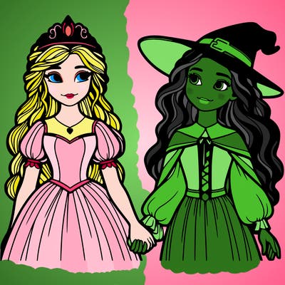 a princess and a witch holding hands realistic