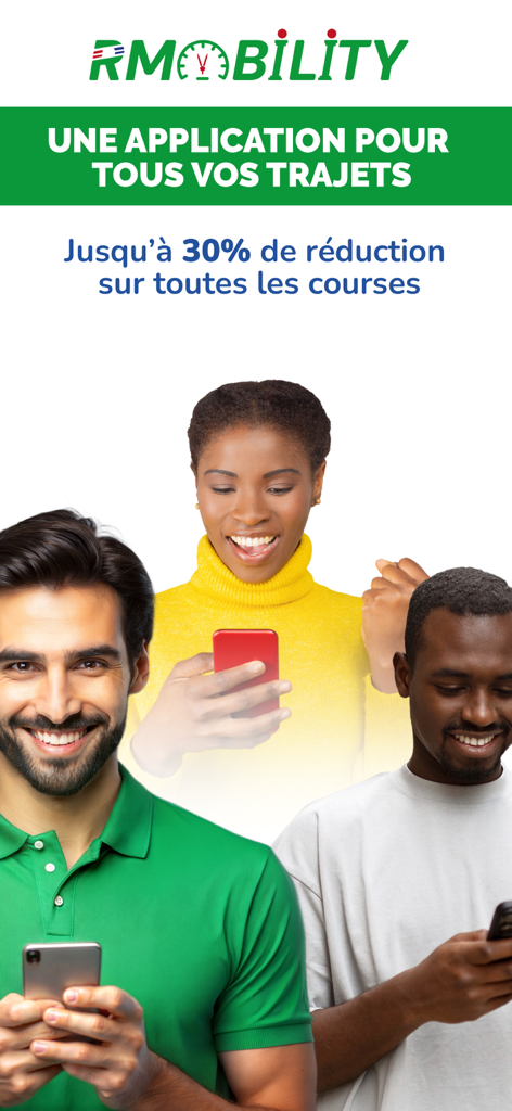 RMobility Afrique - Ein Werbebild für RMobility Afrique, das lächelnde Nutzer mit ihren Smartphones und ein Rabattangebot zeigt