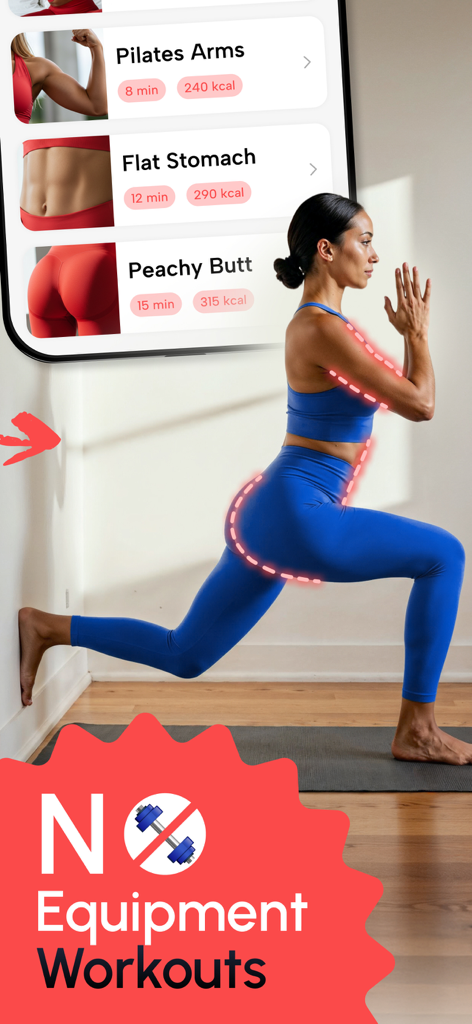 Fit Path: Workout for Women - A woman in blue activewear performing a wall lunge exercise next to a mobile app screen displaying targeted workout programs.