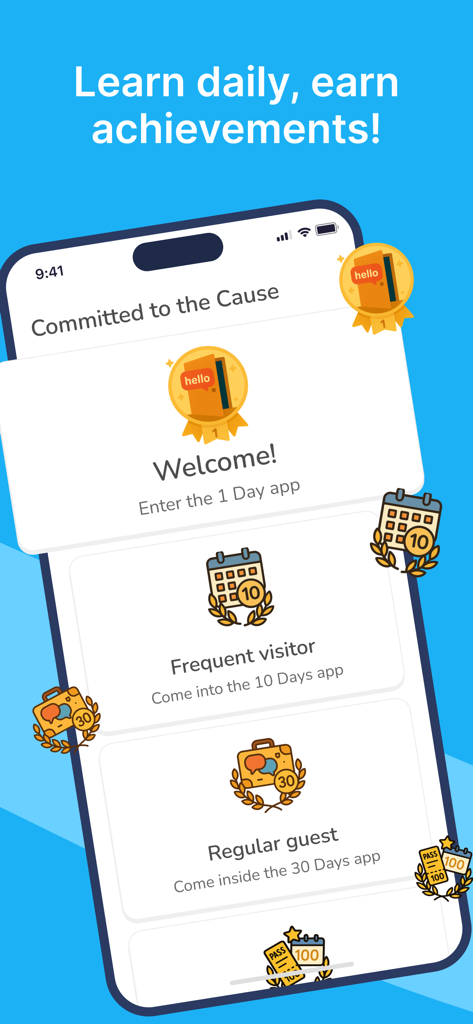 AI Spanish Minute - AI Spanish Minuteアプリの毎日の学習成果とバッジ（1、10、30、100日間の節目を含む）を表示するインターフェース