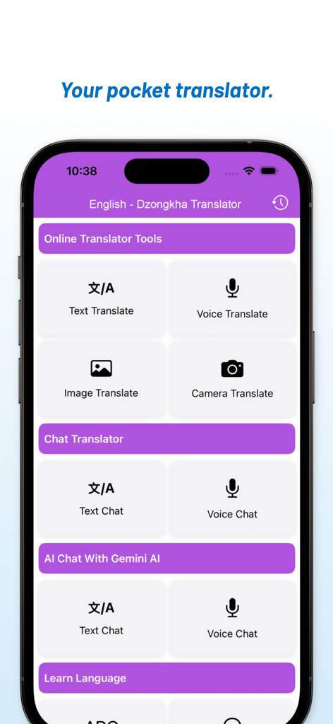 Main menu of the English to Dzongkha Translator app showing text voice image and camera translation tools