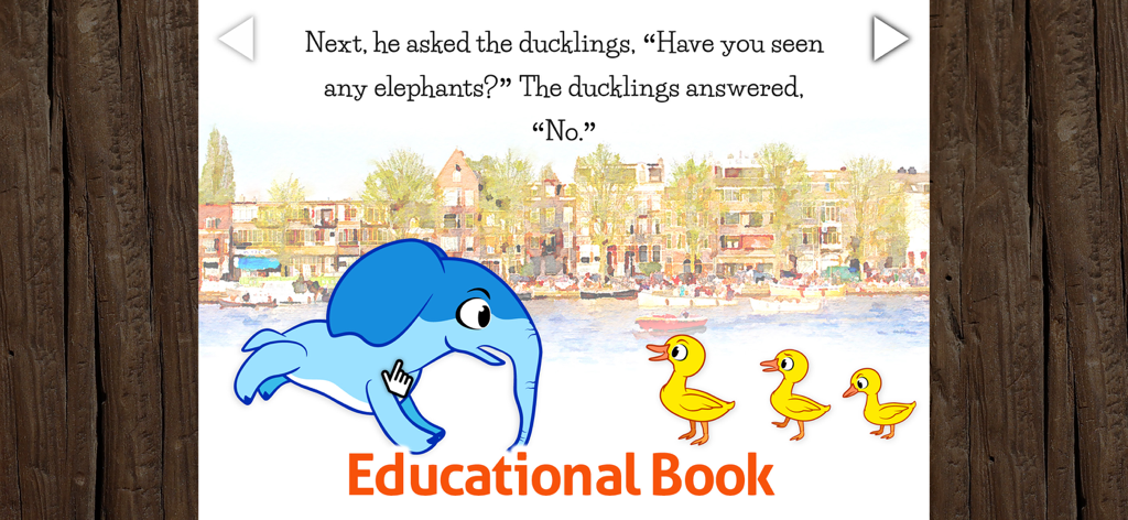 Kids Book & Reading - Remi - レミという教育用子供向け絵本アプリの、景色が美しい街の場面で、青い赤ちゃん象が黄色いアヒルの子に助けを求めています。