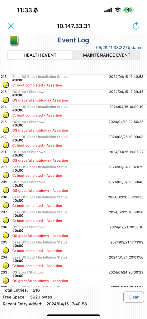 Supermicro IPMIView app event log screen showing server health status and system boot logs