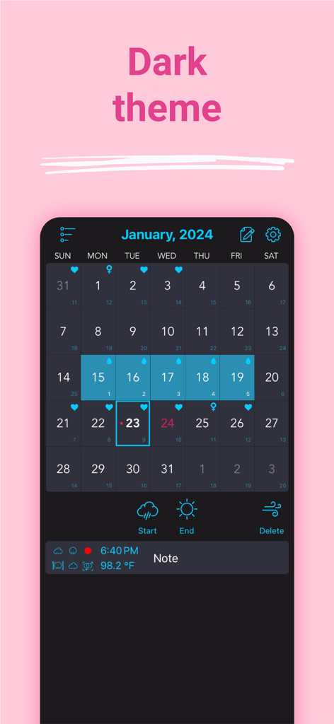 Period tracker app calendar interface in dark theme mode.