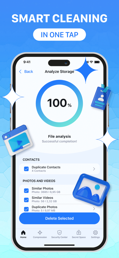 Opti Cleaner & Optimizer - Opti Cleaner app interface showing a storage analysis at 100 percent completion with options to delete duplicate contacts and similar photos.