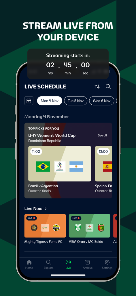 FIFA plus app interface showing live football match schedule and upcoming streams