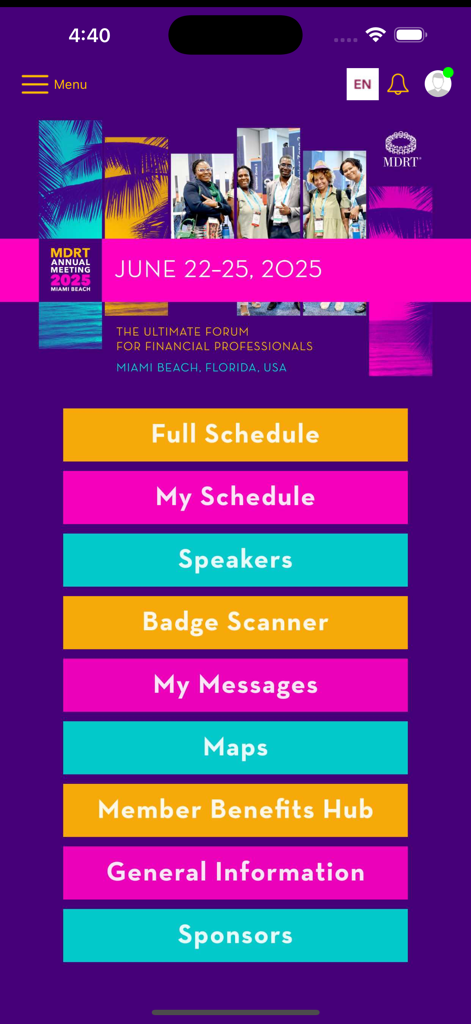 Main menu of the 2025 MDRT Annual Meeting app showing navigation options like schedule and speakers