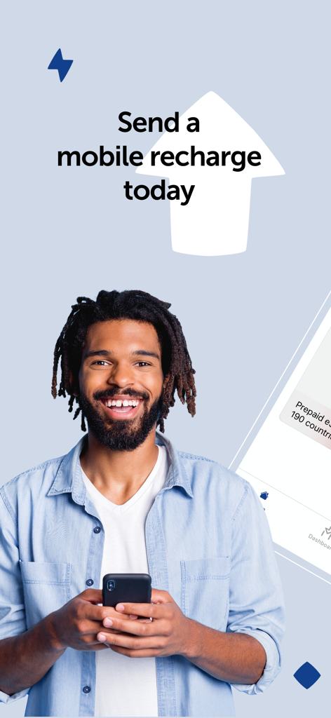 MobileRecharge: Top up mobiles - Un hombre sonriente sosteniendo un smartphone con el texto envía una recarga móvil hoy mismo