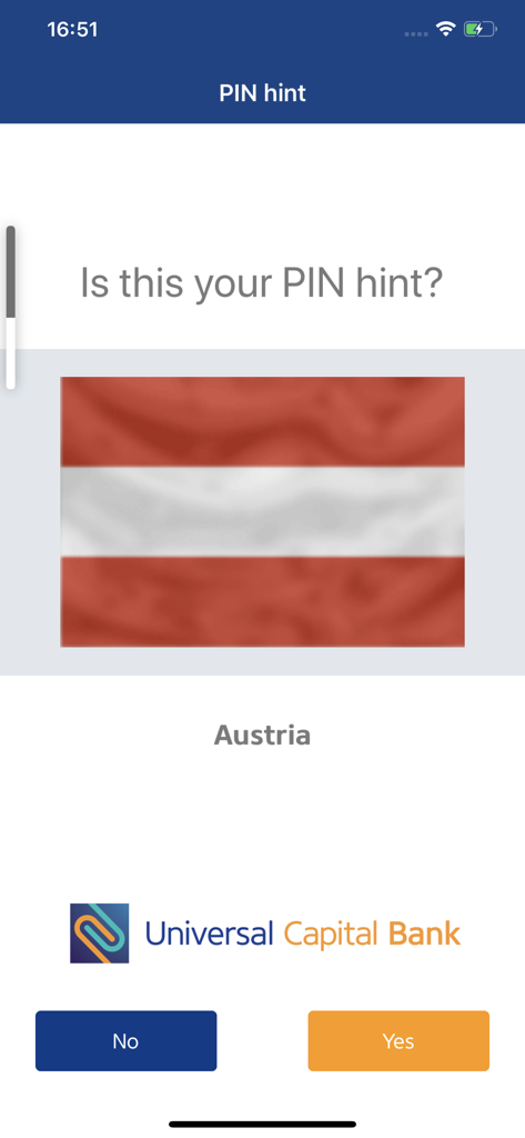 UCB m-Token app interface showing a PIN hint verification screen with the Austria flag.