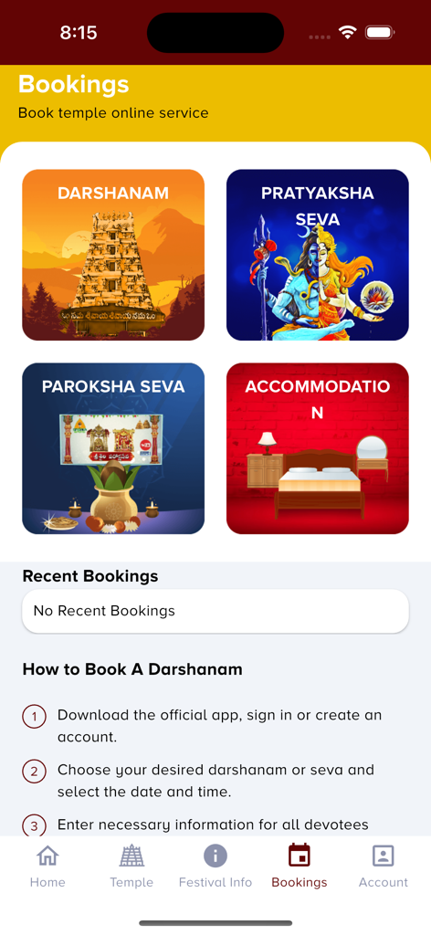 Kanakadurgamma Temple - The bookings screen of the Kanakadurgamma Temple app featuring options for darshanam sevas and accommodation